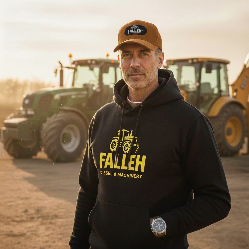 MOTOR BLUEPRINT HOODIE – HEAVYWEIGHT WORKSHOP STYLE – TRACTOR LOGO & DIESEL ENGINE ART – FALLÊH EDITION